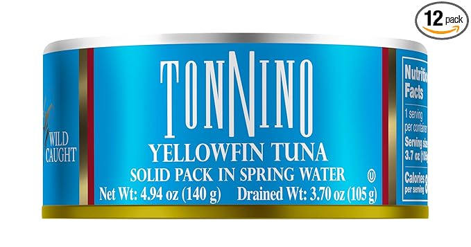 Tonnino Tuna Fish Yellowfin Pole&Line ??Solid Pack in Spring Water ??Pack of 12 ??Alternative to Salmon ??Protein Snacks ??Ready to Eat Meals in Can