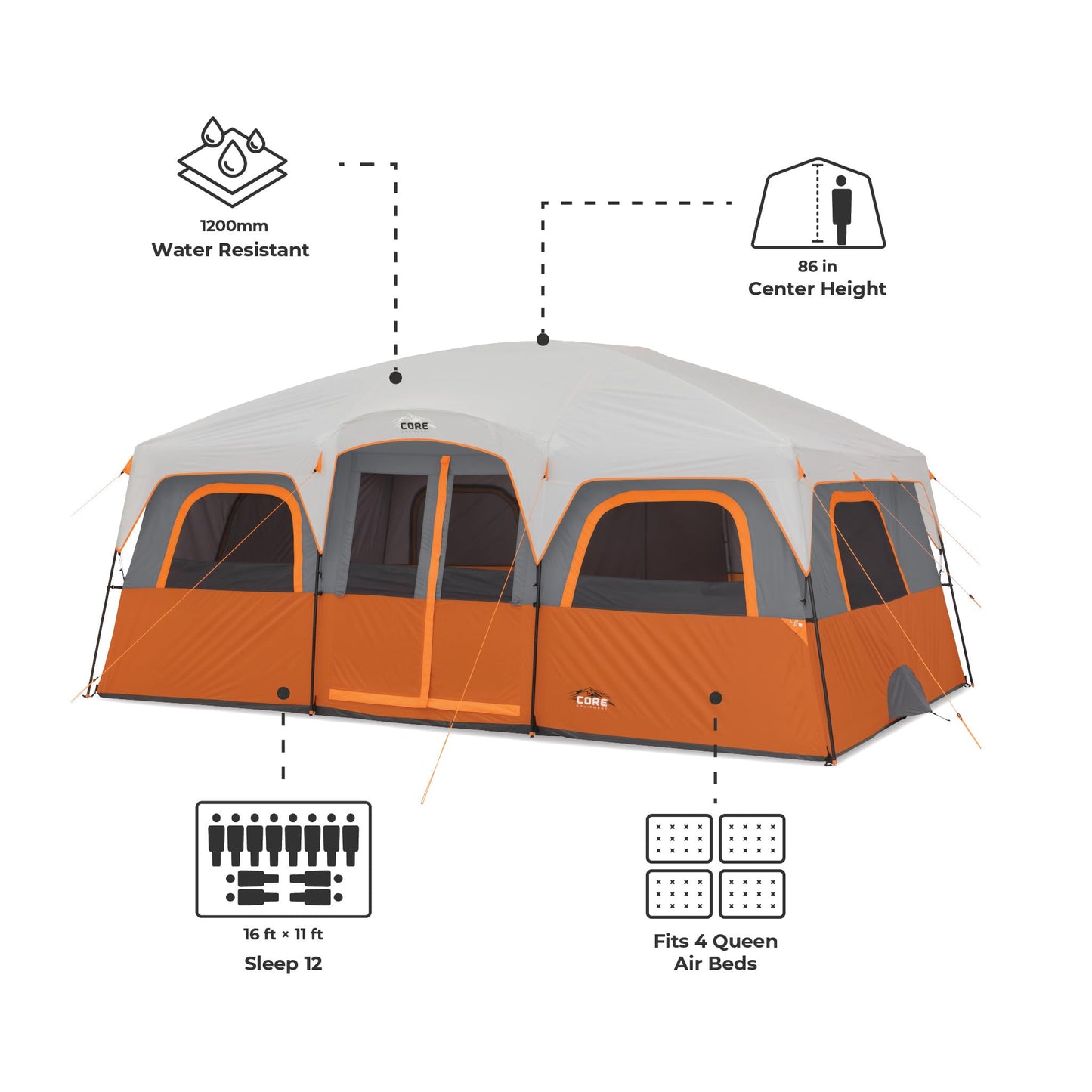 CORE 12 Person Tent | Large Multi Room Family Cabin Tent with Carry Bag for Outdoor Car Camping |