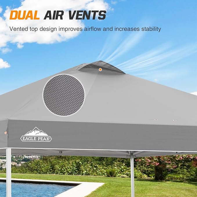 EAGLE PEAK Pop Up Canopy Tent with Wheeled Carry Bag, 8 Stakes, 4 Ropes, 4 Weight Bags, Easy Set Up Tent Canopy, 10x10 ft, 100sqft of Shade, Light Gray