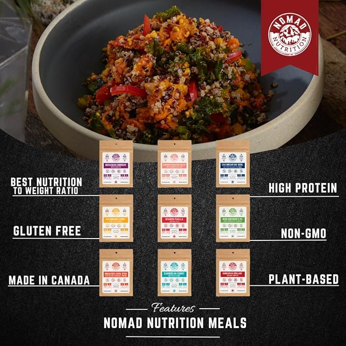 Nomad Nutrition Sampler Pack | 9 Freeze-Dried Meals: Hungarian Goulash, Shepherd?™s Pie, Kathmandu Curry, Lentil Stew & More | Plant-Based, Non-GMO, High Protein | Add Boiling Water | 56g (Pack of 9)