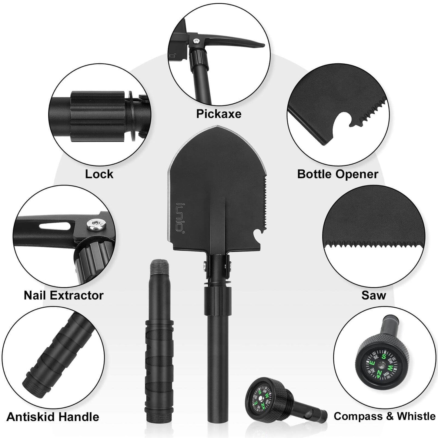 iunio Folding Camping Shovel w/Pick, 18.3in Heavy Duty Carbon Steel Shovel