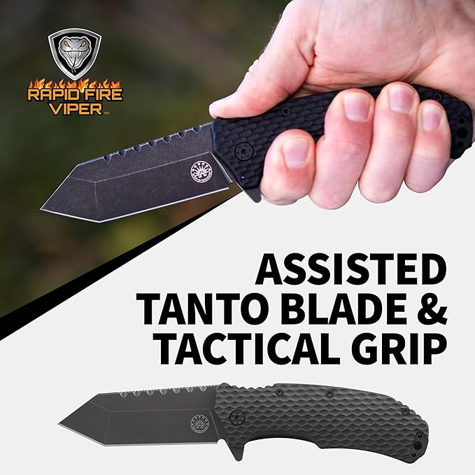 Off-Grid Knives - Rapid Fire Viper, Assisted Tanto Blade, Hard Use Build, Tactical, Camping & Survival EDC, Cryo D2 Steel, Blackwash, G10 Scales, Deep Pocket Carry (Blackout)