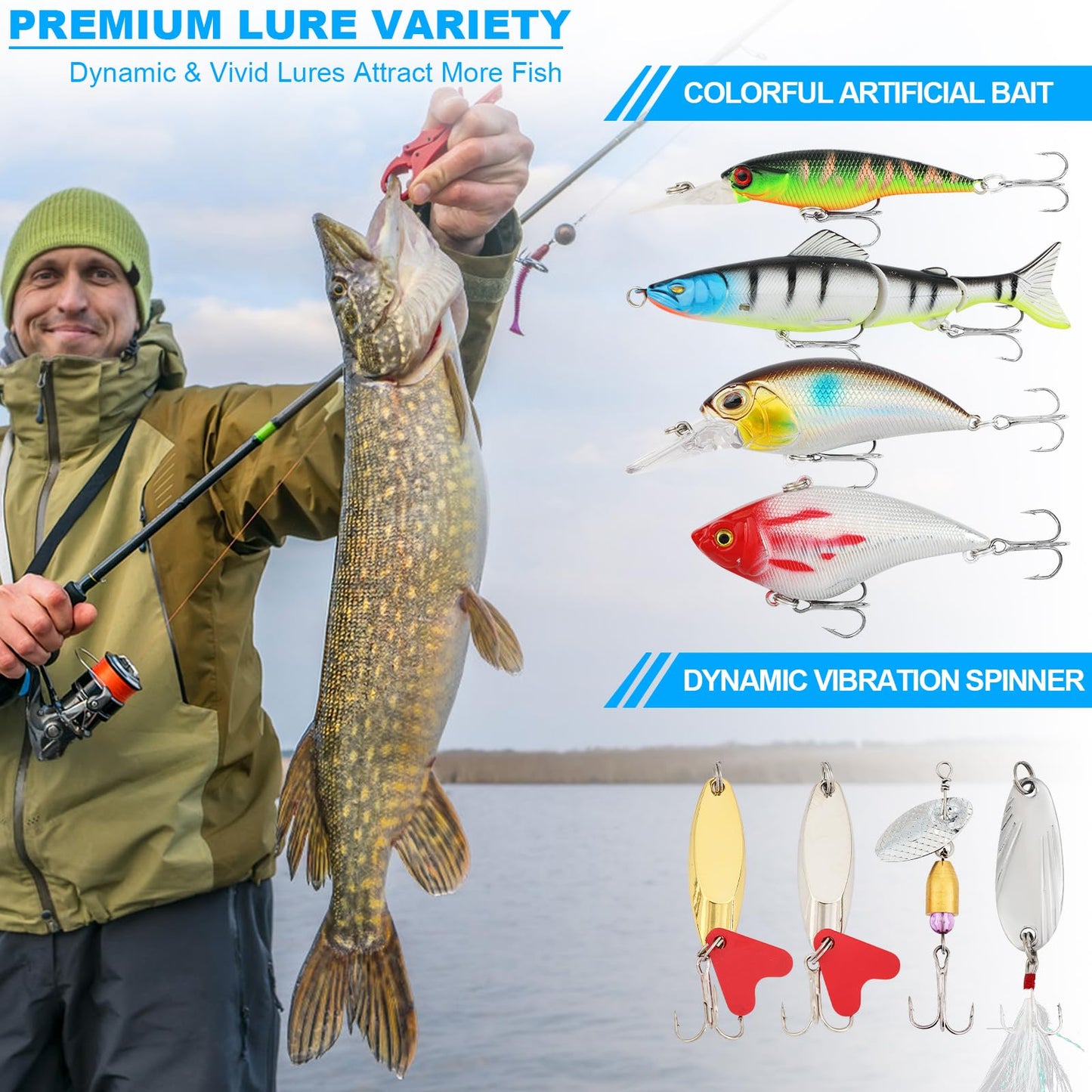 TCMBY 3 Layers Tackle Box with Tackle Included, 321Pcs Fishing Lures Kit Contains Pliers