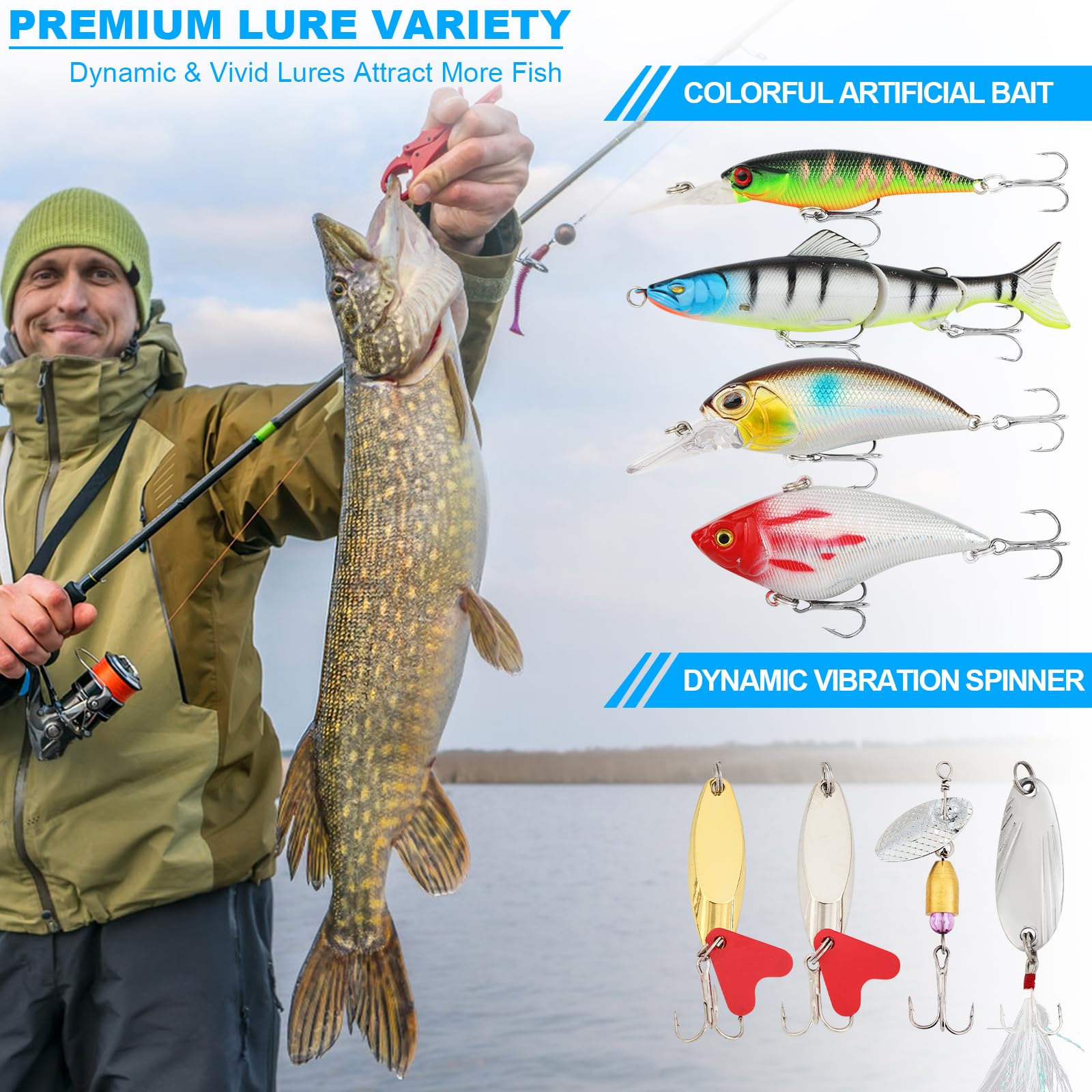TCMBY 3 Layers Tackle Box with Tackle Included, 321Pcs Fishing Lures Kit Contains Pliers