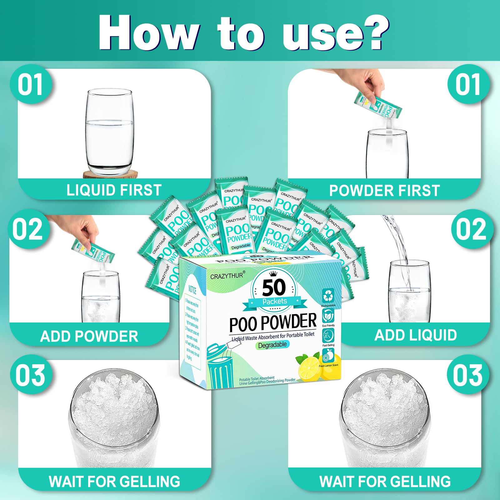 Poo Powder for Portable Toilet Gel Powder, Camping Toilet Gel 50PCS