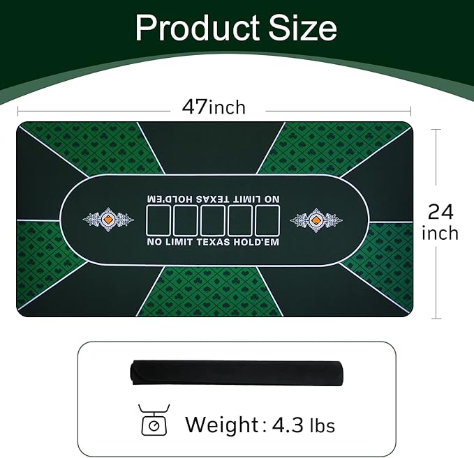 CONTINUE Upgraded Waterproof Poker Mat for 6 Players - Texas Hold'em & Blackjack - Anti-Slip Rubber Table Top Layout with Carrying Bag (47 x 24)