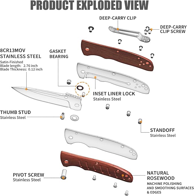 Harita Pocket Knife Folding Knife EDC Knife with Pocket Clip, 2.76 inch 8Cr13MoV Steel Blade, Rosewood Handle, Foldable Camping Fishing Survival Hunting Liner Lock Knife for Men Women