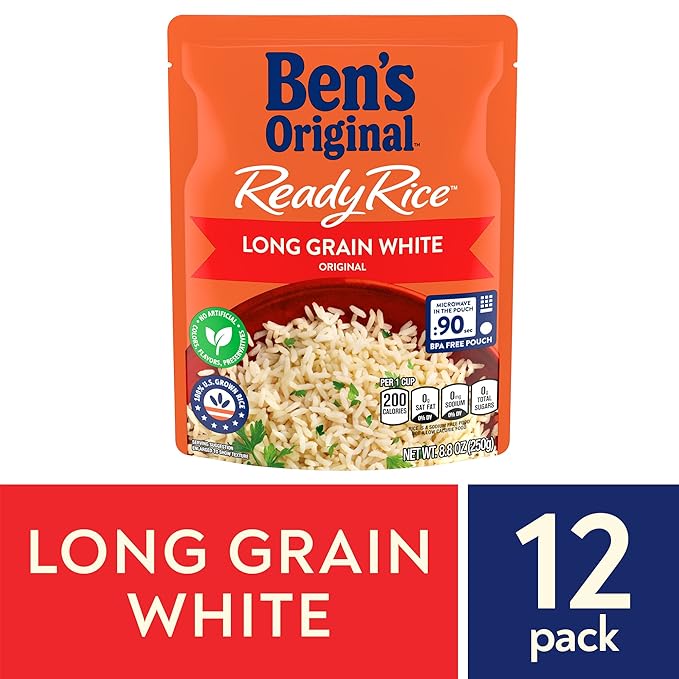 BEN'S ORIGINAL Ready Rice Original Long Grain White Rice, Easy Dinner Side, 8.8 oz Pouch (Pack of 12)