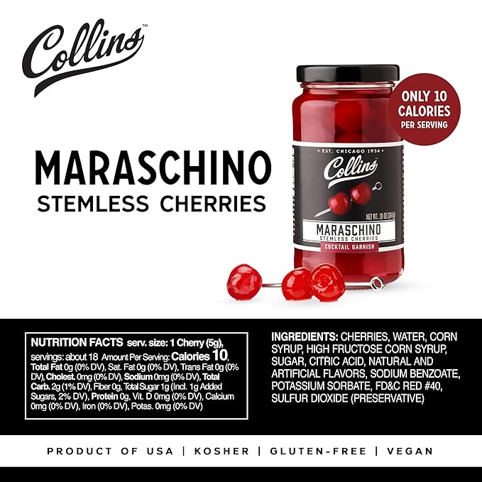 Collins Stemless Maraschino Cherries, Garnish for Cocktails, Desserts, Manhattans, and Old Fashioned, Gourmet Snacking Cherries for Home and Bar, 10oz