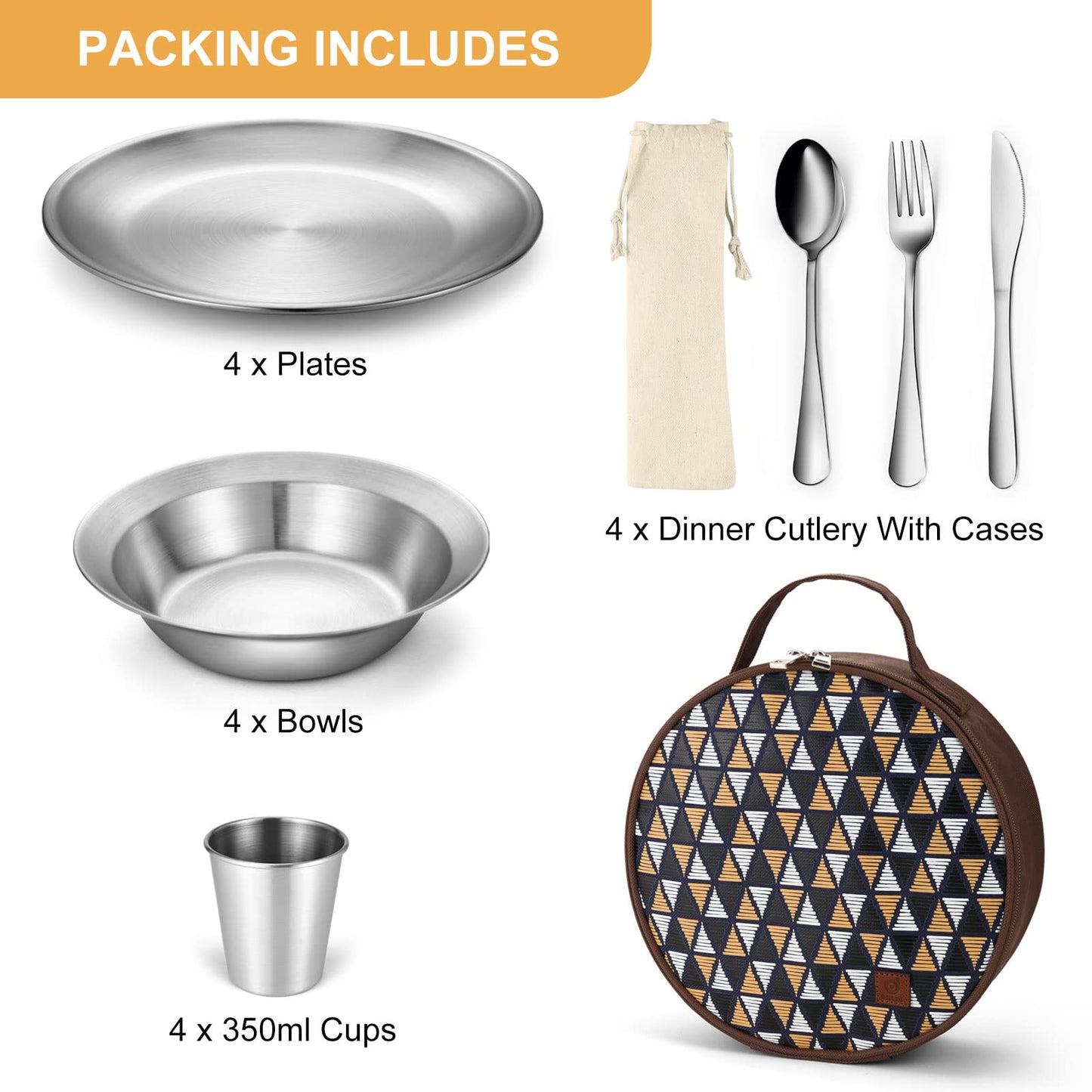 Odoland Stainless Steel Camping Mess Kit for Family & 4 Person