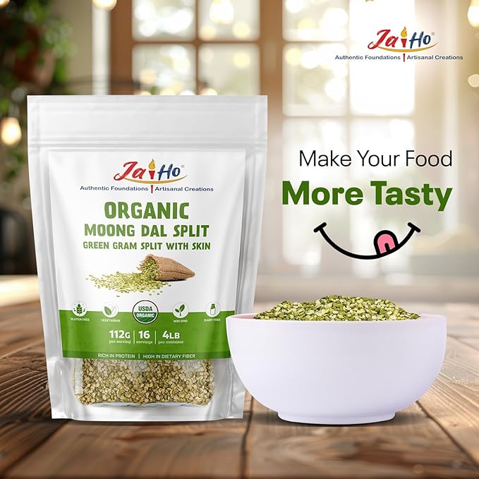 Jai Ho Certified Organic Kabuli Chana Garbanzo Beans 4 lb | Chickpeas Lentils | Indian Kabuli Chole Chana | USDA Organic | Non-GMO | Chemical-Free | Premium Quality Kosher (4 Pound, Moong Dal (With Skin))