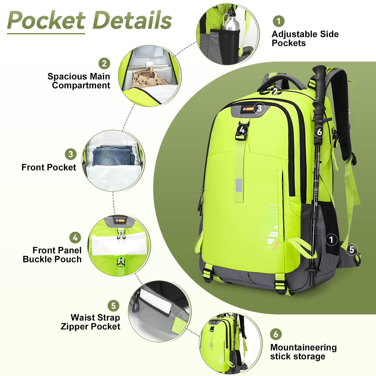 50L Hiking Backpack for Men Women, Waterproof Outdoor Daypack,Green