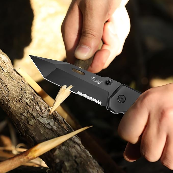Vickay Pocket Knife, Folding Knife with Clip - 3.54??Black Serrated Steel Blade, Wood Handle EDC Knife for Men & Women, Outdoor Camping, Tactical, Hunting, Hiking, Survival - Father?™s Day Gift