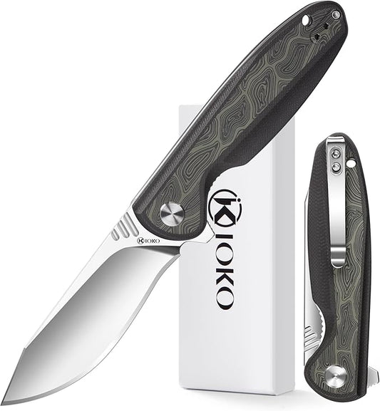 ioko Folding knife D2 blade material, G10 two-color handle, suitable for men and women outdoor camping carrying knife, sharp and durable blade, with pocket clip (argent)