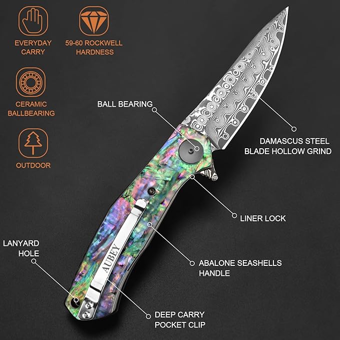 AUBEY Damascus Pocket Knife for Women Men, Sharp 3.23" Damascus Steel Blade Knife with Clip, EDC Hunting Knives with Abalone Shell Handle, Gift for Camping Outdoor