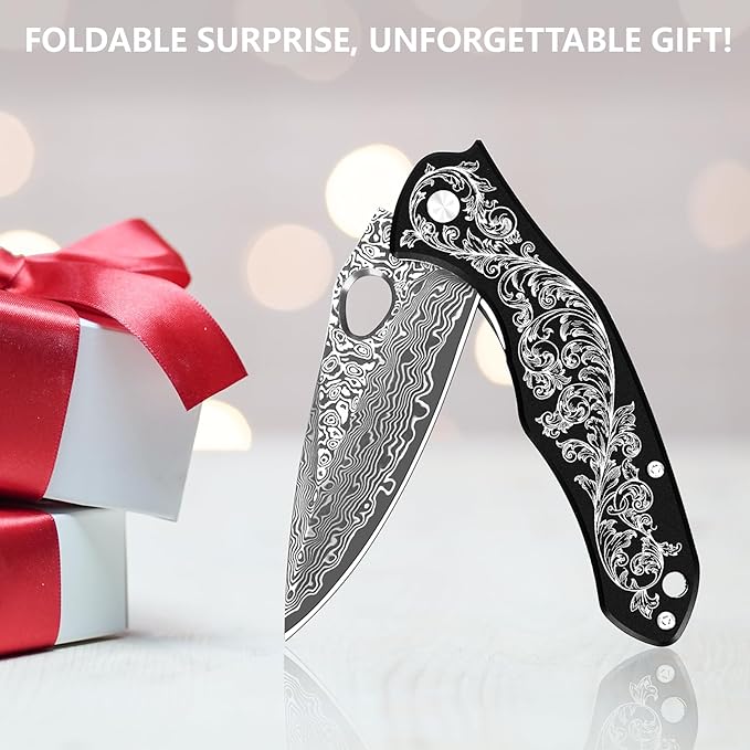 KOMWERO Damascus Pocket Knife with 2.95" VG10 Steel Blade, Folding Knife with Aluminum Alloy Non-Slip Handle, EDC Knife with Leather Sheath and Pocket Clip for Men Women Camping Survival Hiking