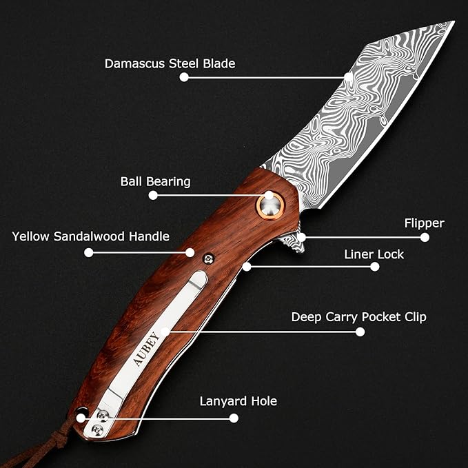 AUBEY Pocket Knife for EDC, 3.15" VG10 Core Damascus Steel Blade Folding Knife with Wood Handle, Liner Lock, Clip, Gift/Collection for Men Women