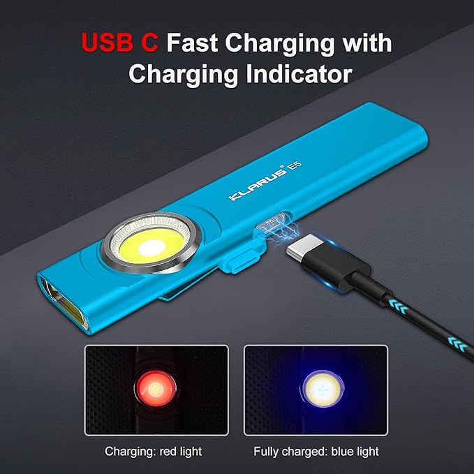 klarus E5 Pocket Flashlight, Rechargeable EDC Flashlight, Super Slim 4.2x1x0.3inch, 600 Lumens, USB-C Port, IPX4, Dual Light Source with Magnetic Base, Hat & Clothes Clip - Blue