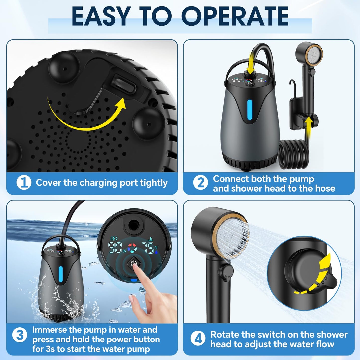 Portable Shower for Camping, 8000mAh Rechargeable Camp Shower Pump, LED Display Temp & Power, 5