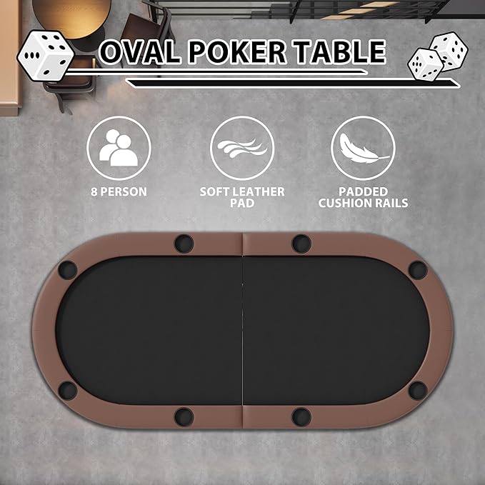 8 Player Foldable Poker Table, 71" Portable Folding Poker Game Tables with Collapsible Legs, Cup Holders, Casino Grade Felt Surface, Oval Card Game Poker Table for Game Room, Brown