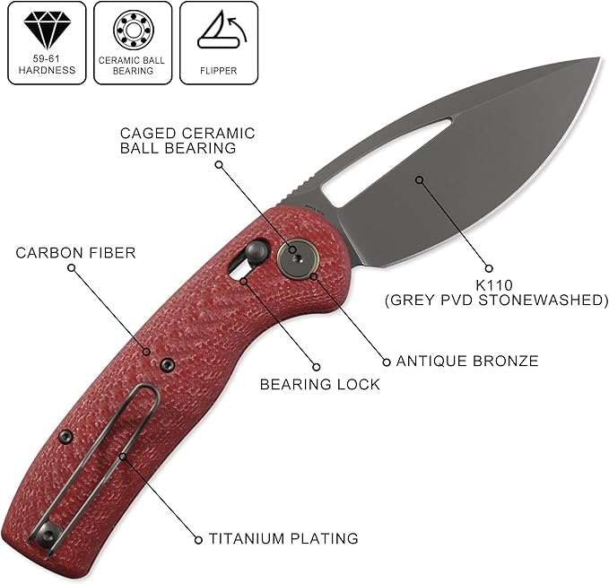 Petrified fish PFP13 Viper Folding Knife,3.5" K110 Steel Stonewashed Blade Carbon Fiber Handle Pocket Knife for Camping EDC Outdoor (Red Stonewashed)