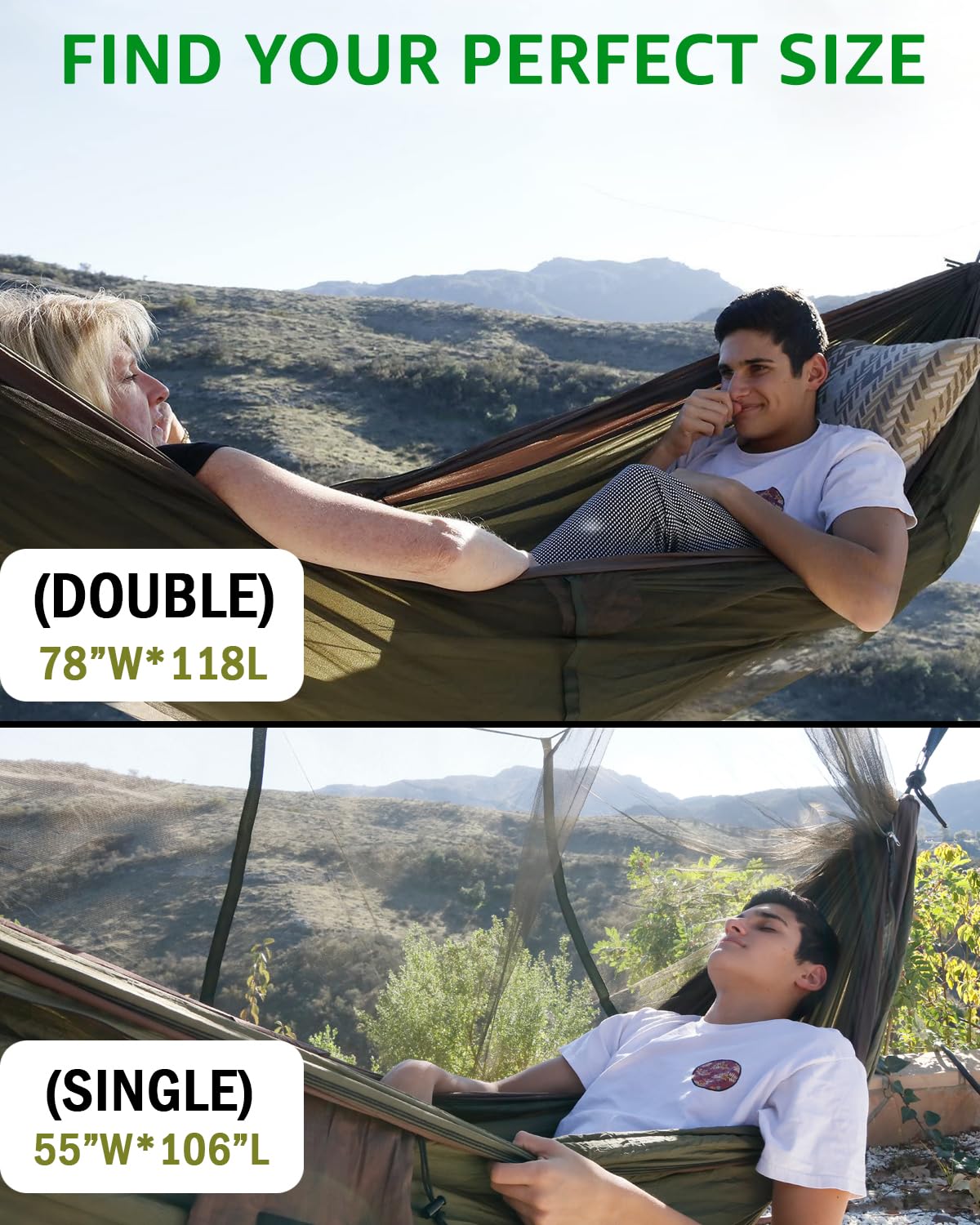 Sunyear Camping Hammock with Net, Single & Double, 2 * 10ft Straps
