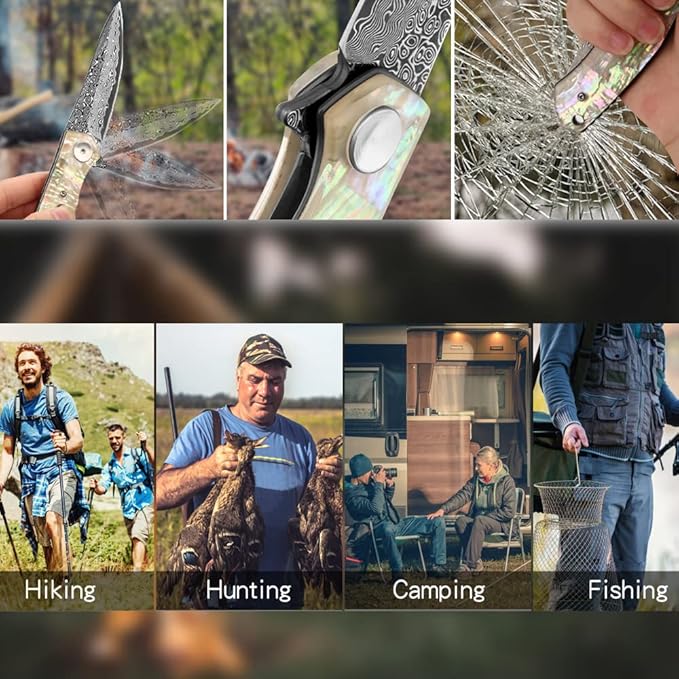 Benkey Damascus Pocket Knife, Extremely Sharp VG10 Core Damascus Steel Folding Knives with Clip and Leather Sheath, Unique Abalone Seashells Handle, Ball Bearing, Liner Lock, Knife for EDC Men Women