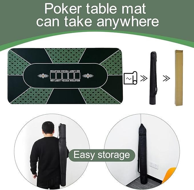 CONTINUE Poker Table Mat - 8-10 Player Texas Hold'em Poker Mat with Anti-Slip Rubber Base and Carrying Bag for Poker Games, Blackjack, Casino (Rectangle Green)