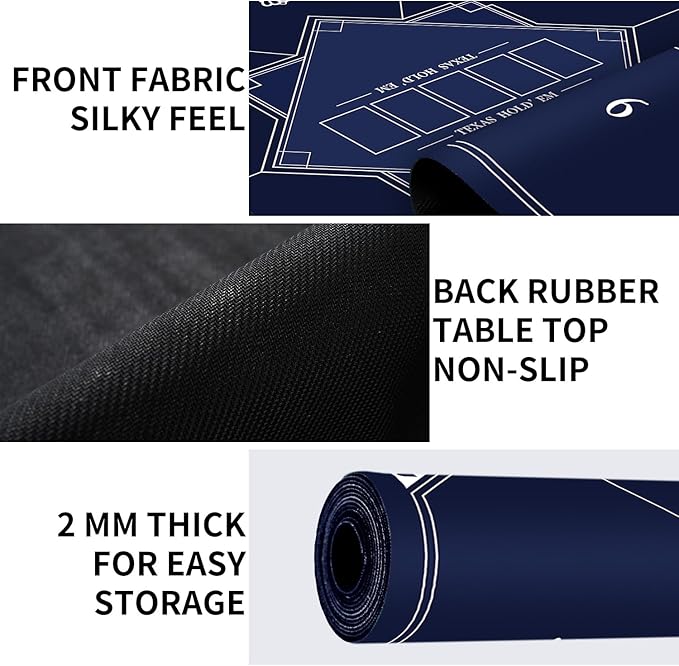 nuveti 24/31/39/47/55/63 inch Square Foldable 6-Player Texas Poker Card Tabletop Layout Portable Anti-Slip Rubber Board Game Mat Texas Hold'em Poker Mat for Family Game, Casino, Party