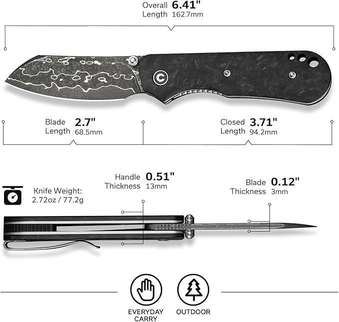 CIVIVI Crabby Pocket Knife, EDC Folding Knife for Men Women with Damascus Blade Contoured Shredded Carbon Fiber Handle, Designed by Ken Onion Jr. C24055-DS1