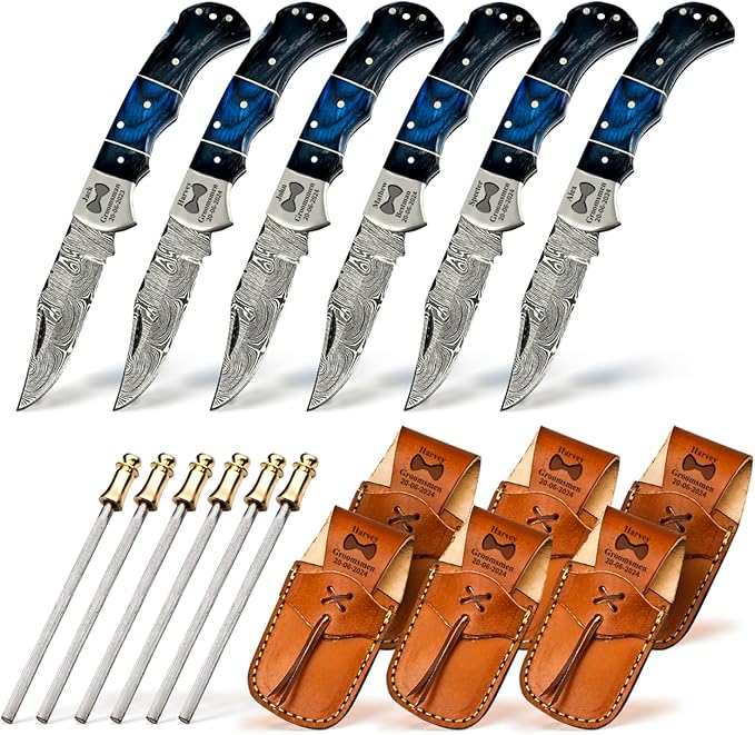 Set of 6 - Personalized Damascus Pocket Knife for Groomsmen -With Leather Sheaths - Custom Engraved Pocket Knives | Groomsman Gifts for Wedding, Groomsmen Proposal Gifts