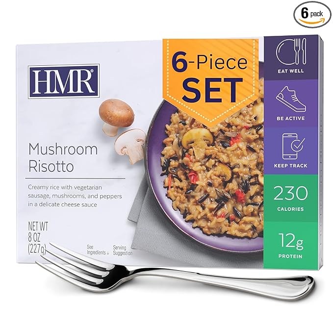 HMR Mushroom Risotto Entrée | Pre-packaged Lunch or Dinner to Support Weight Loss | Ready to Eat | Vegetarian | 12g of Protein | Low Calorie Food | 8oz Serving per Meal | Pack of 6