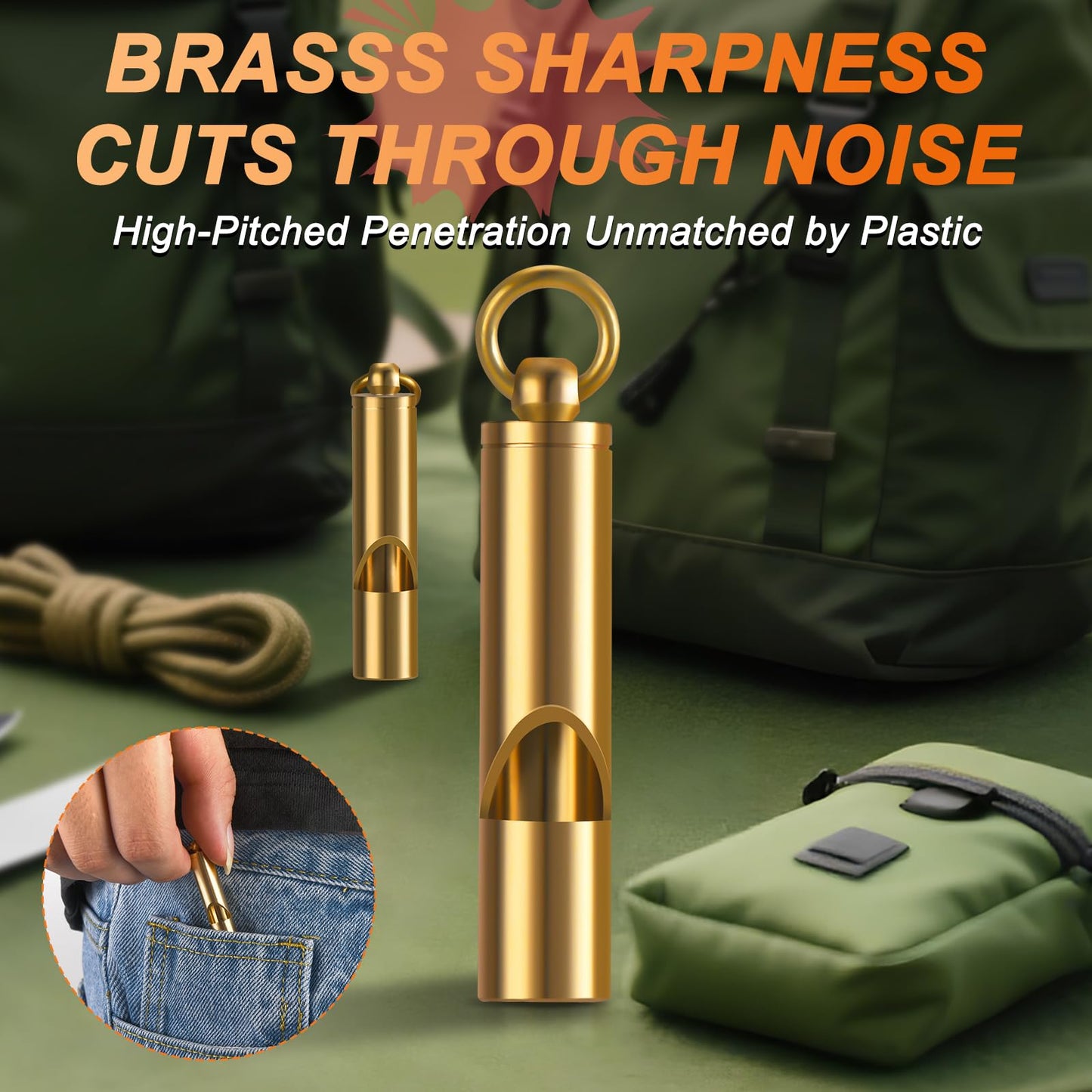Upeckaroo Brass Emergency Whistles 2 Pack with Tangle-Free Lanyard - Pealess Safety Whistle