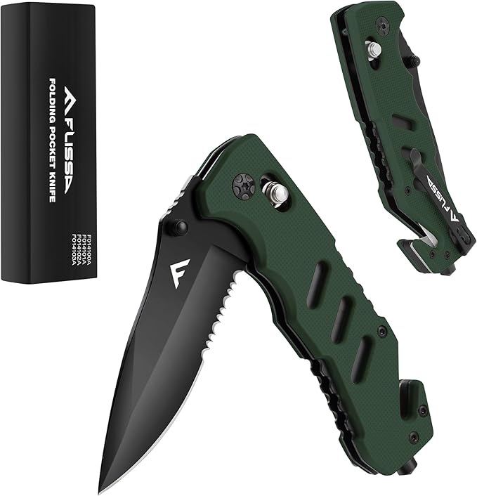 FLISSA Folding Pocket Knife with Clip, Glass Breaker and Seatbelt Cutter, Survival Knife for Emergency Rescue Situations, EDC Knife for Tactical, Hunting, Camping, Outdoor, Unique Gifts for Dad, Father-Green