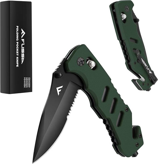 FLISSA Folding Pocket Knife with Clip, Glass Breaker and Seatbelt Cutter, Survival Knife for Emergency Rescue Situations, EDC Knife for Tactical, Hunting, Camping, Outdoor, Unique Gifts for Dad, Father-Green
