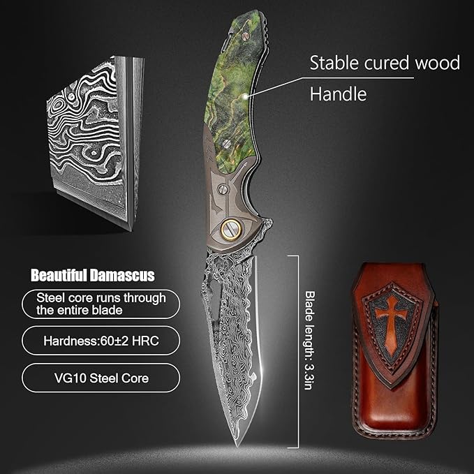 VG10 Damascus Steel Folding Knife, Stable Wood with Leather cover and pocket clip, Outdoor Survival Knife Portable EDC Camping, can be used as a gift