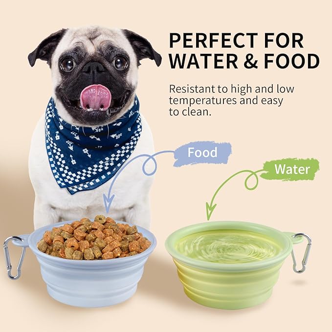 Collapsible Dog Bowls 2-Pack, Portable Travel Dog Bowl with Carabiner, Food-Grade Silicone Pet Bowl for Hiking, Walking (Macaron Blue and Green)