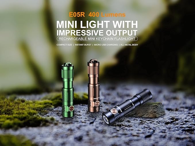 EdisonBright Fenix E05R 400 Lumen USB Rechargeable EDC Keychain Flashlight Charging Cable Carrying case (Desert Brown)