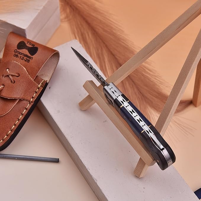 Set of 5 - Personalized Damascus Pocket Knife for Groomsmen -With Leather Sheaths - Custom Engraved Pocket Knives | Groomsman Gifts for Wedding, Groomsmen Proposal Gifts