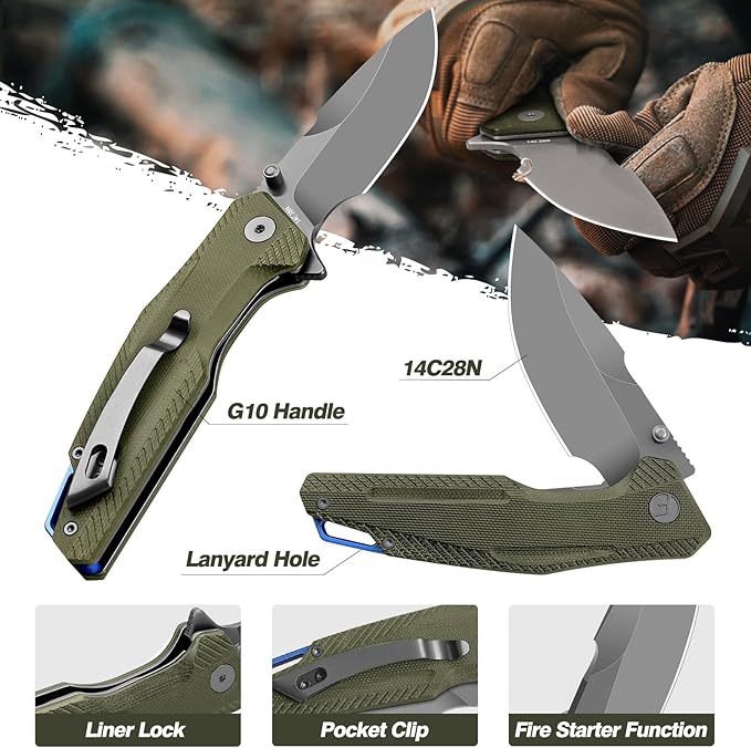 FINTISO Pocket Knife, 3.26" Premium 14C28N Blade G10 Handle with Fire Starter Function, Folding Knife with Pocket Clip for Men Women, EDC Knife for Outdoor Camping, Hunting, Hiking, Survival, Falcon Series