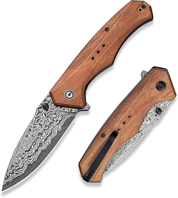 CIVIVI Photonix EDC Pocket Knife, Folding Knife with 3.7" Damascus Blade Wood Handle with Pocket Clip for Men Women, Camping Hiking Fishing Knife C23081B-DS1
