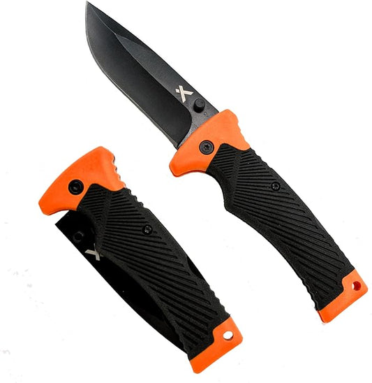 Ultimate Folding Knife, 3.6" Steel Blade, EDC Knife with Rubberized Grip, Includes Sheath with Belt Loop - Black and Orange