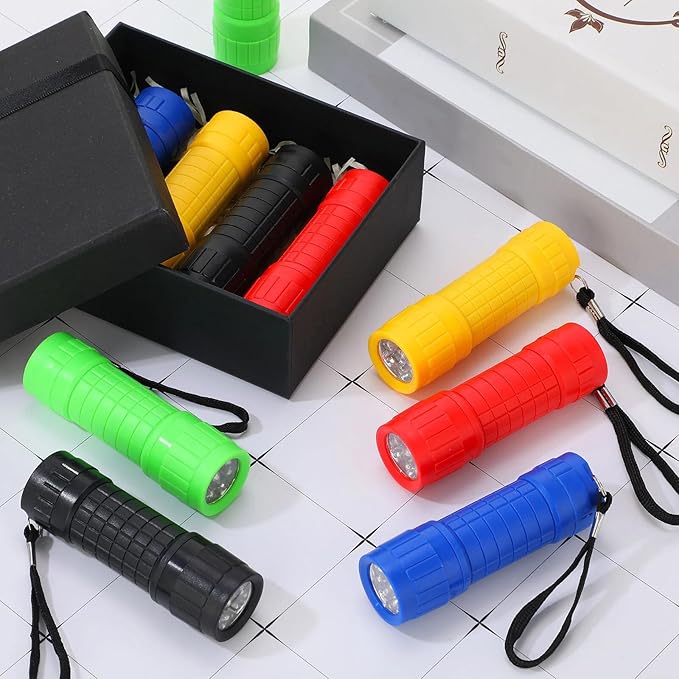 Riakrum 60 Pack 9 LED Flashlight Bulk Small Plastic Handheld Flashlights with Lanyard for Home School Night Reading Emergency Christmas Gifts, AAA Batteries Included(Fresh Color)