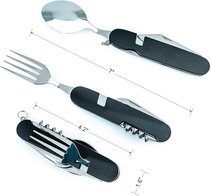 6-in-1 Multi-Function Camping Utensil Flatware Set Detachable Spoon Fork Knife Combo Mess Kit with Carrying Pouch (Black + Gold + Green)