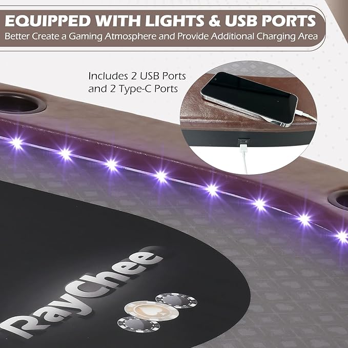 LED Poker Table, 84" 10 Player Foldable Texas Holdem Table w/Inlaid LED Light, 2 USB & 2 Type-c Ports, Portable Blackjac for Texas Card Game w/Cup Holders and Padded Rails (Brown)