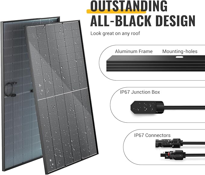BougeRV Bifacial 400 Watts 10BB Mono Solar Panel, All Black Frame Monocrystalline Technology Work with 12/24 Volts Charger for RV Camping Home Boat Marine Off-Grid, 67.9 x 44.6 x 1.4 in