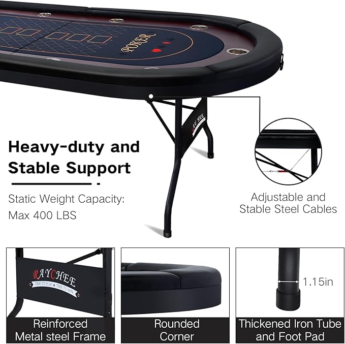 10 Player Foldable Poker Table, 86" Large Professional Folding Texas Holdem Poker Card Table, Portable Casino Table for Game Room with Padded Rails & Cup Holders