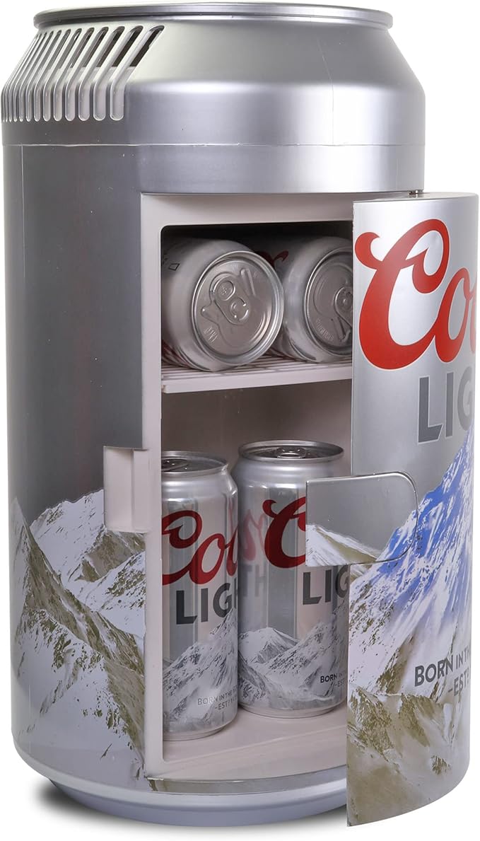Coors Light Mini Fridge - Refrigerator for Bedroom Office, Portable Table Top Beverage Cooler, 12V 110V Refrigerador For Drinks, Soda, Wines, Use In Car, Dorm, Outdoor, 8 Can