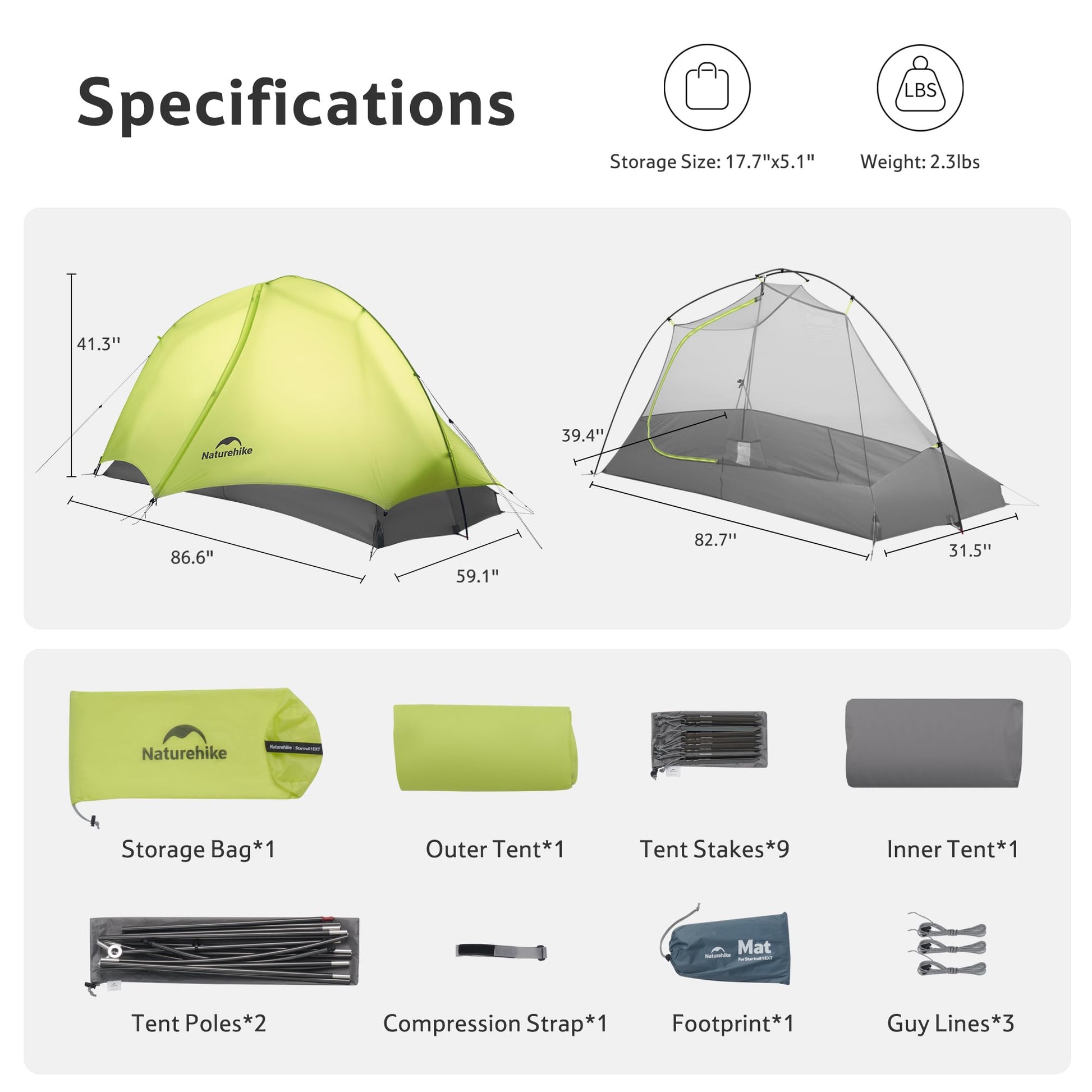 Naturehike Star Trail 2.3lb One Person Tent, Easy Setup, Compact, Spacious, Ultralight 1 Person