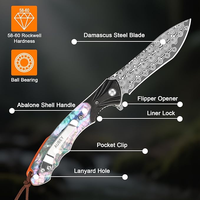 AUBEY Damascus Pocket Knife for Women Men, 3.43" VG10 Damascus Steel Blade Knife with Clip, EDC Folding Knives with Abalone Shell Handle, Gift for Camping Outdoor Hunting Hiking Collection